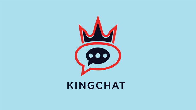 Corporate branding logo for kingchat showing a black speech bubble wearing a red tipped crown on a light blue background surface.