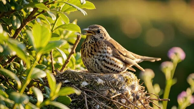 Bird resting in nest with spotted pattern on chest in vibrant green foliage at sunset with soft focus background.