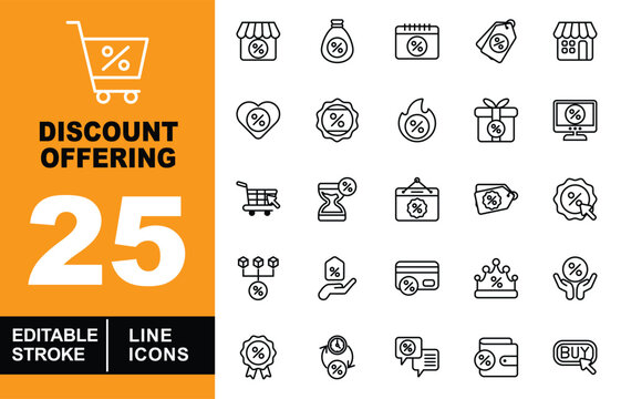 Discount offering set of web icons in line style. Containing shop, sack, calendar, tag, heart, badge, fire, gift, monitor, trolley, hourglass, signboard, hand, card, crown, hands. Editable stroke.