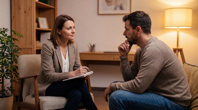 Professional woman therapist conducting counseling session with male client in modern office