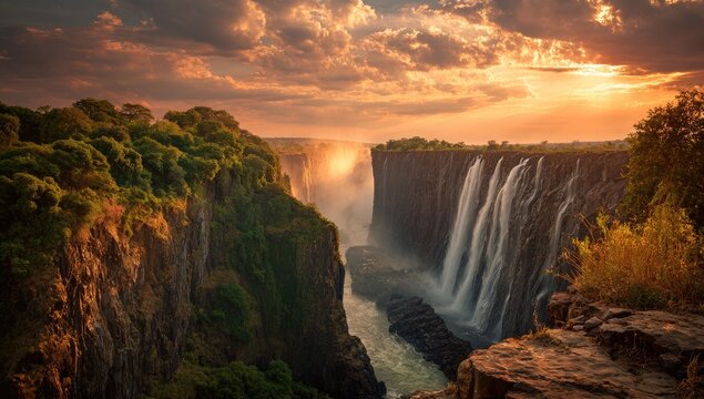 Stunning vista of powerful waterfalls cascading into a gorge, under a breathtaking sunset with vibrant colors and fluffy clouds