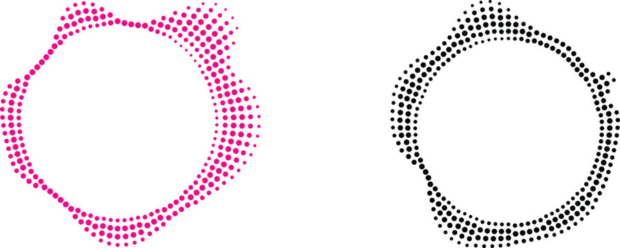 Two circular dot patterns pink and black halftone rings for design elements
