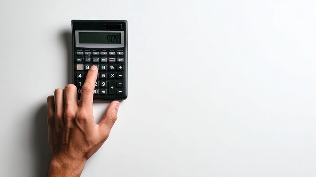 Calculator Operation: A close-up view of a hand using a calculator, suggesting financial calculation, data analysis, or accounting tasks.