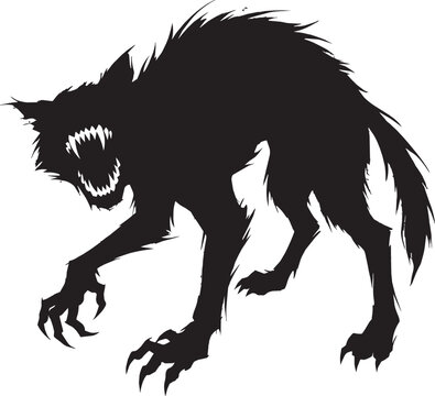 Aggressive werewolf silhouette with sharp teeth and claws, snarling black monster beast vector, scary mythical creature for Halloween and horror design