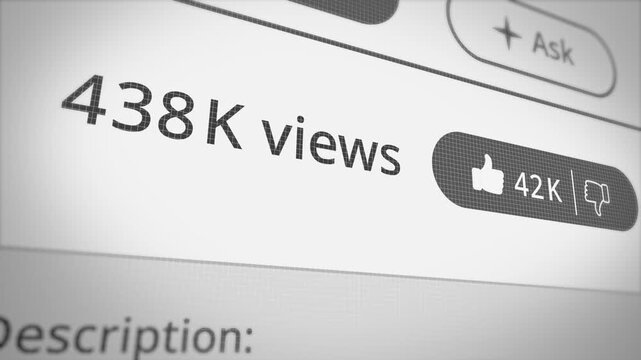 Close up on views counter on social media or video player online as content becomes viral popular and trending more and more views rank up. Buzz and fame. Sharing liking content creation on internet
