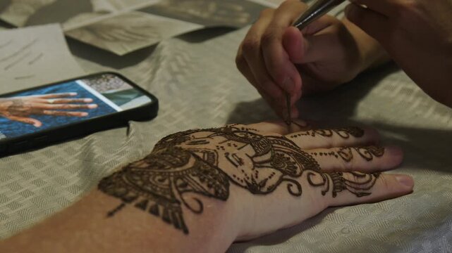 Pan to closeup of henna artwork being applied to back of man's hand