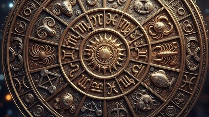 Obraz premium Astrology Zodiac Wheel with Sun Symbol and Celestial Icons.