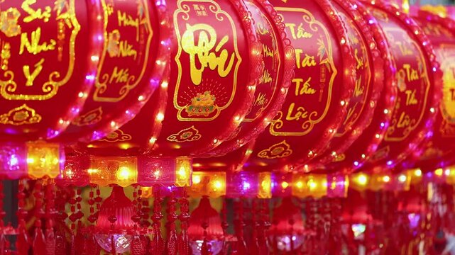 Traditional Vietnamese Tet holiday decoration close up. Red glowing lanterns with golden calligraphy text and lights at a festive street market during Lunar New Year in Nha Trang, Khanh Hoa, Vietnam.