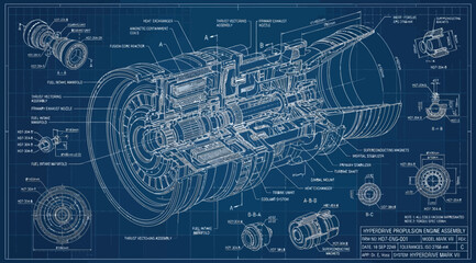 Detailed technical blueprint illustration of a modern turbofan jet engine with labeled compressor, turbine, combustion chamber, exhaust sections, and mechanical schematics on a classic engineering blu © S.Siam