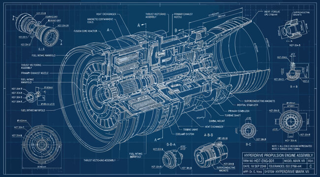 Detailed technical blueprint illustration of a modern turbofan jet engine with labeled compressor, turbine, combustion chamber, exhaust sections, and mechanical schematics on a classic engineering blu