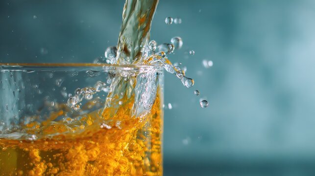 Golden Elixir Splash: A stream of amber liquid cascades into a clear glass, creating a dynamic splash of droplets against a blurred blue background, highlighting the refreshing nature of the beverage.