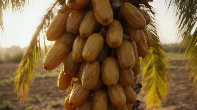 High-quality close-up of ripe yellow dates hanging from a palm tree in Morocco, captured in stunning golden hour light during the harvest season.