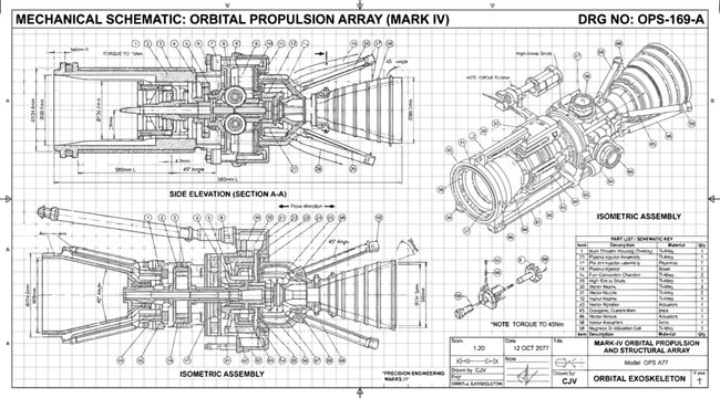 Mechanical schematic drawing of orbital propulsion array Mark IV with orthographic and isometric views, labeled components, dimensional annotations, and bill of materials on technical grid background