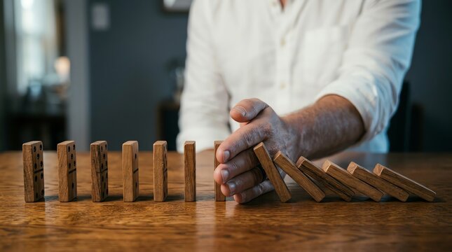 Man's hand stops falling dominoes, symbolizing control and preventing consequences