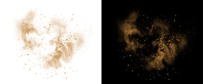 Brown dust explosion with flying sand particles, realistic soil powder splash on white and black background, dry earth debris cloud for design