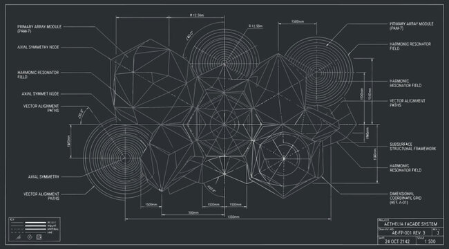 Architectural blueprint of the aethelia facade system with geometric patterns and resonator fields