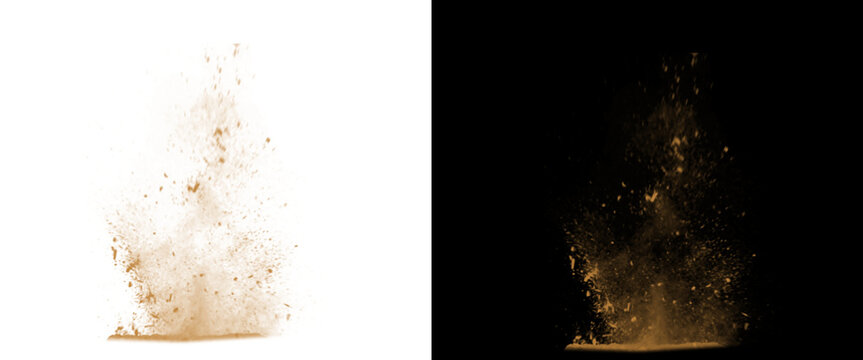 Explosive brown dust cloud on white and black background, realistic soil explosion with flying dirt particles, dynamic sand blast effect