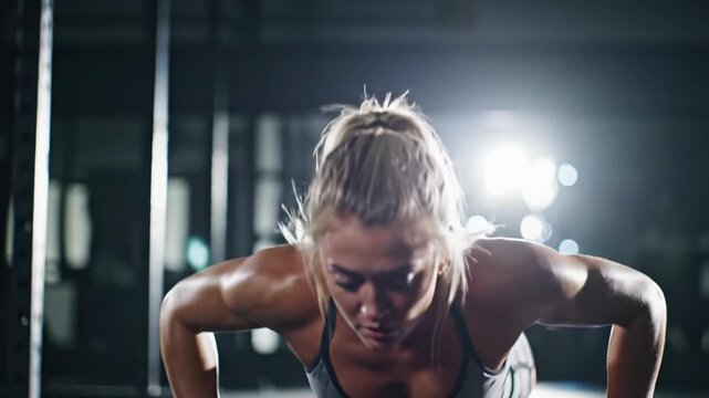 Young caucasian woman in grey sports bra performs precise push-ups. Dimly lit gym, blurred equipment, dramatic cinematic lighting, chiaroscuro. Unwavering concentration and raw athletic power