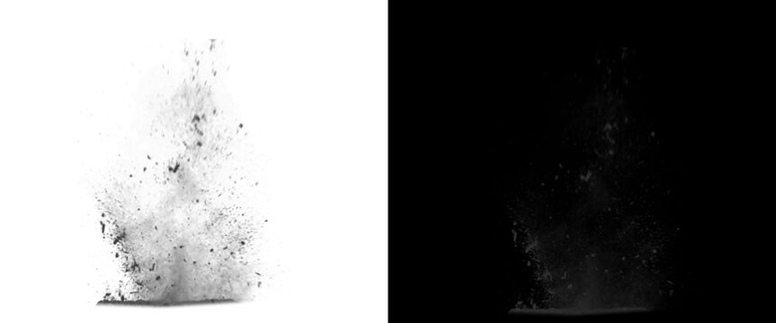Explosive dust burst with flying debris, black powder explosion on white background, dynamic smoke cloud with particles and grit