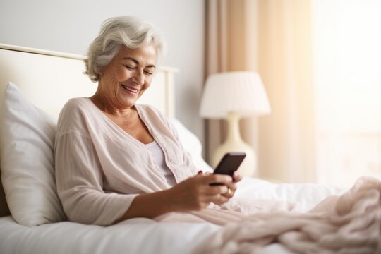 Happy senior woman reading messages on phone, relaxing morning in bedroom