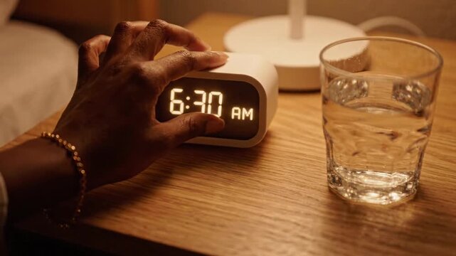 Close Up of Hand Touching Digital Alarm Clock at 6 30 AM Beside Glass of Water on Wooden Nightstand Under Warm Light