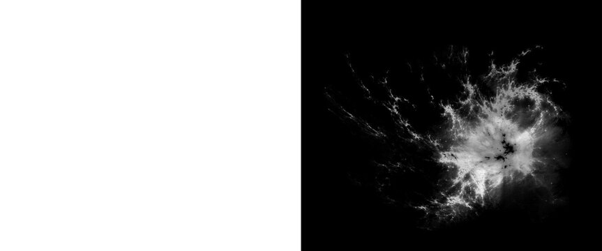 Dramatic white powder explosion on black background, dynamic flour burst texture, abstract dust cloud splash for creative design