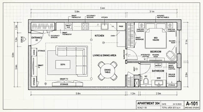 Detailed floor plan of apartment 304 showing smart home features and furniture layout