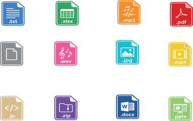 Fototapeta premium Colorful File Format Icon Set with TXT XLSX MP3 PDF WAV JPG MP4 JS ZIP DOCX and PPTX Extensions for Technology and Web Design Projects