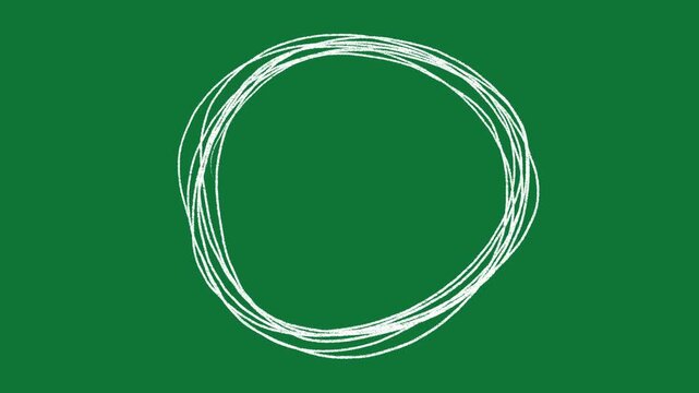 Hand Drawn White Chalk Circle Ring Animation Overlay with Messy Multi Line Doodle Accent Elements on Green Screen