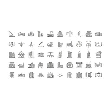 Set of technical drawing and construction project plan icons with technical