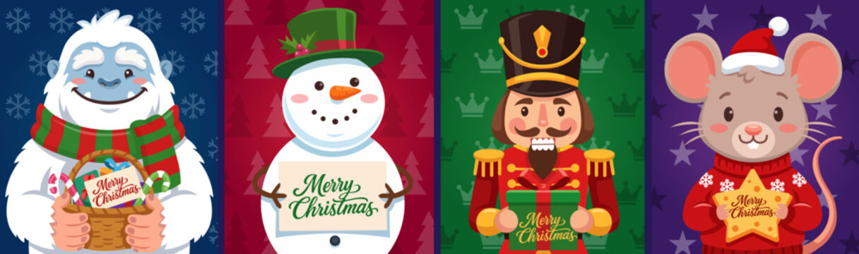 Cute Christmas Character Banners Set - Yeti, Snowman, Nutcracker and Mouse with Holiday Signs on Colorful Backgrounds
