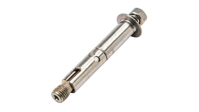 Metallic steel sleeve anchor bolt or expansion rawlplug for heavy construction concrete wall fastening on transparent background