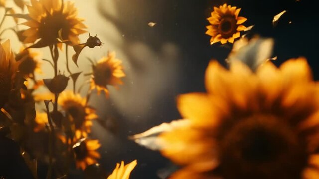 Vibrant sunflowers swaying in golden sunlight