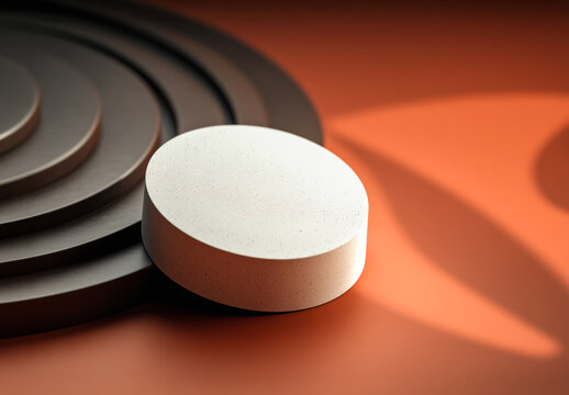 Ceramic display circular concrete plate on orange and brown surfaces. Generative ai