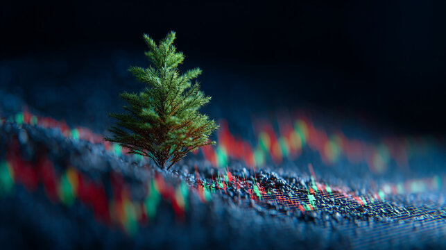 Small christmas tree growing on abstract financial graph data with stock market