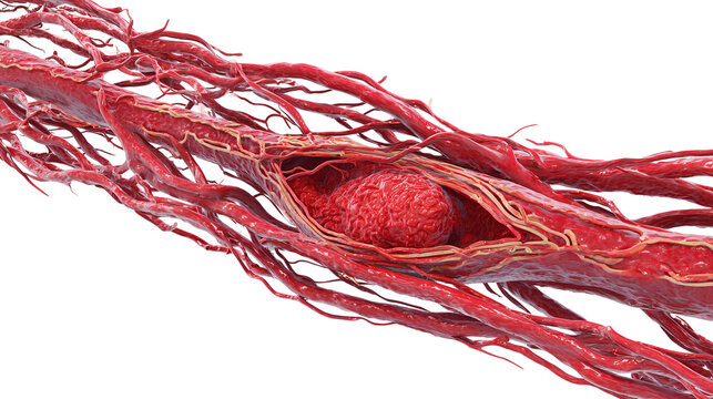 Isolated blood vessel anatomical illustration with clot blockage and branching vessels on transparent background, medical concept, healthcare anatomy and biology education design