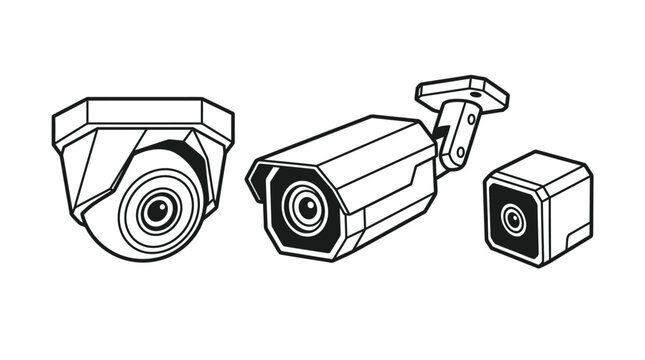 Detailed Security Camera System Blue Icons Featuring Bullet and Dome Cameras on Isolated White Background.