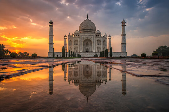 Ultra realistic Taj Mahal reflected in rain puddle, low ground perspective, moody dawn sky,