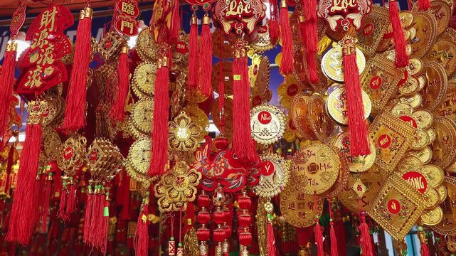Traditional Vietnamese Tet holiday decoration close up. Red and golden lucky feng shui charms with oriental coins and tassels for Lunar New Year at a street market in Nha Trang, Khanh Hoa, Vietnam.