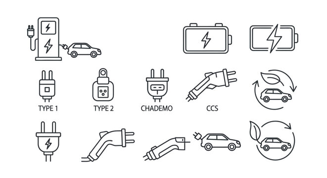 Electric Vehicle Charging Icons and Symbols Collection.