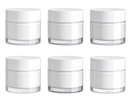 Six identical white cosmetic jars with clear bases arranged in two rows