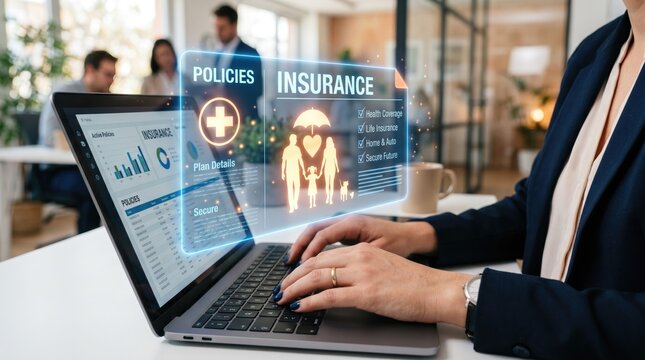 Insurance policy digital interface on laptop, business person managing health and life insurance plans, futuristic virtual data screen in modern office