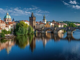 Obraz premium Historic stone bridge and city skyline reflecting in calm river