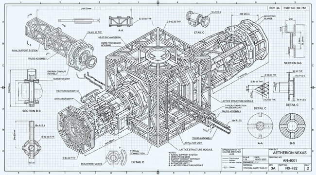 Technical blueprint of a complex futuristic aetherion nexus machine component