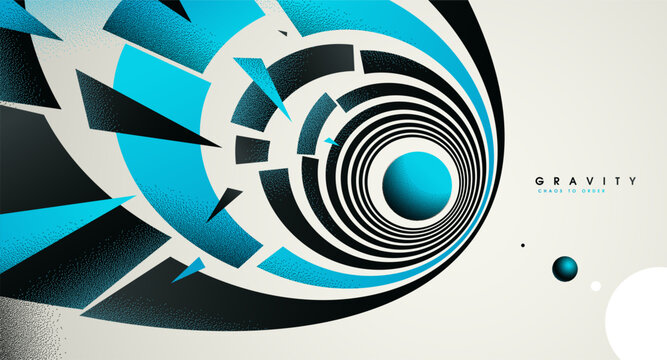 Blue colored gravity concept illustrating controlled attraction, depth, and focused motion as element converge into a calm, structured center.