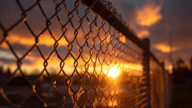 Chain link fence at sunset with warm orange sky boundary limitation security