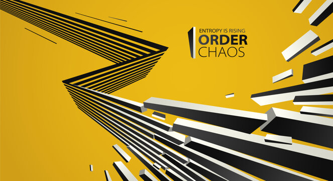 Entropy concept vector abstract background with debris flying in chaos, destruction theme wallpaper, exploded pieces disorder 3D design
