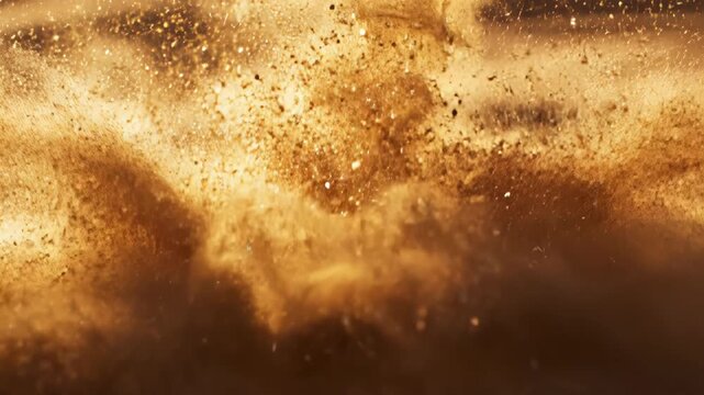 High-speed macro photography of two streams of sand grains colliding in mid-air over a desert dune at sunset, capturing frozen motion splash and fine dust particle textures.