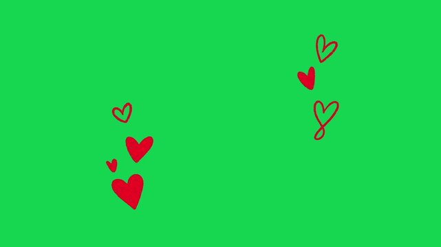 Hand Drawn 2D Animated Floating Hearts Love Pattern Motion Graphic Element on Green Screen