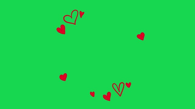 Hand Drawn 2D Animated Floating Hearts Love Pattern Motion Graphic Element on Green Screen
